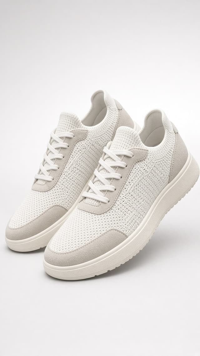 Modern unbranded white knit sneakers on a studio background
