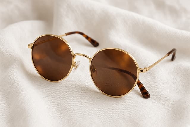 Gold round sunglasses on linen